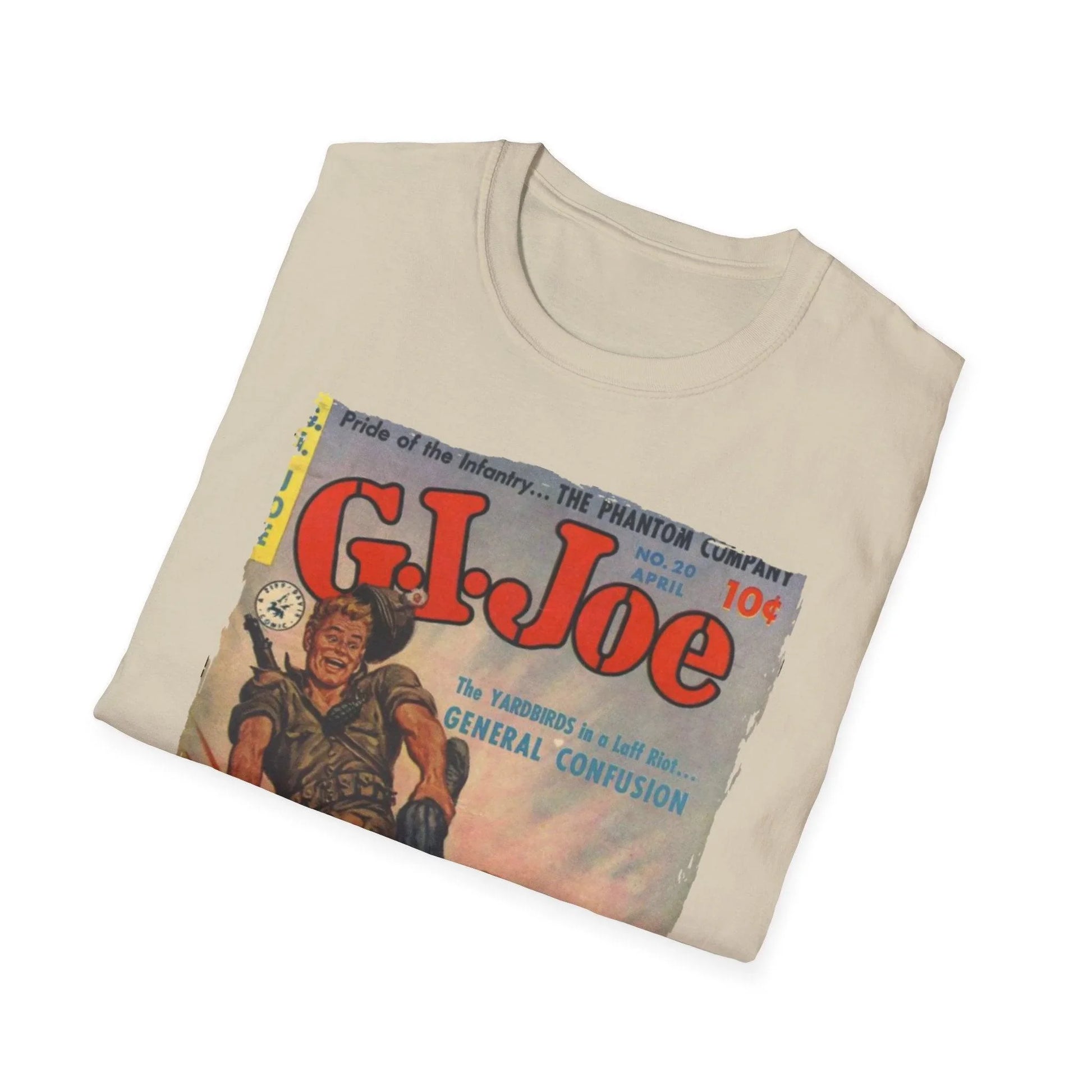 Close-up of the G.I. Joe No.20 T-shirt fabric showing soft matte finish and subtle heathered texture at the neckline seam