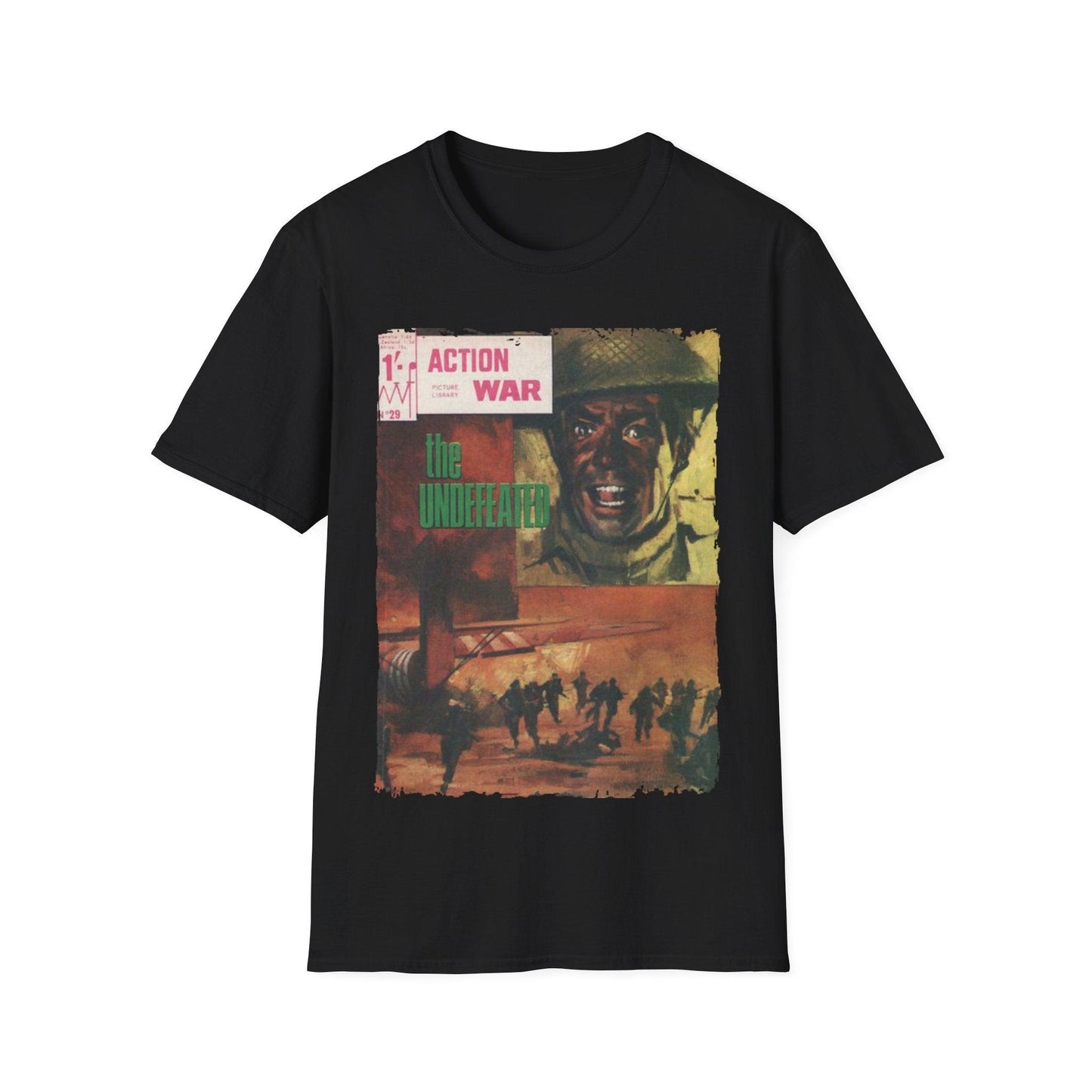 Printify Action War #29 unisex softstyle cotton crew neck T-shirt with regular fit in black featuring graphic print