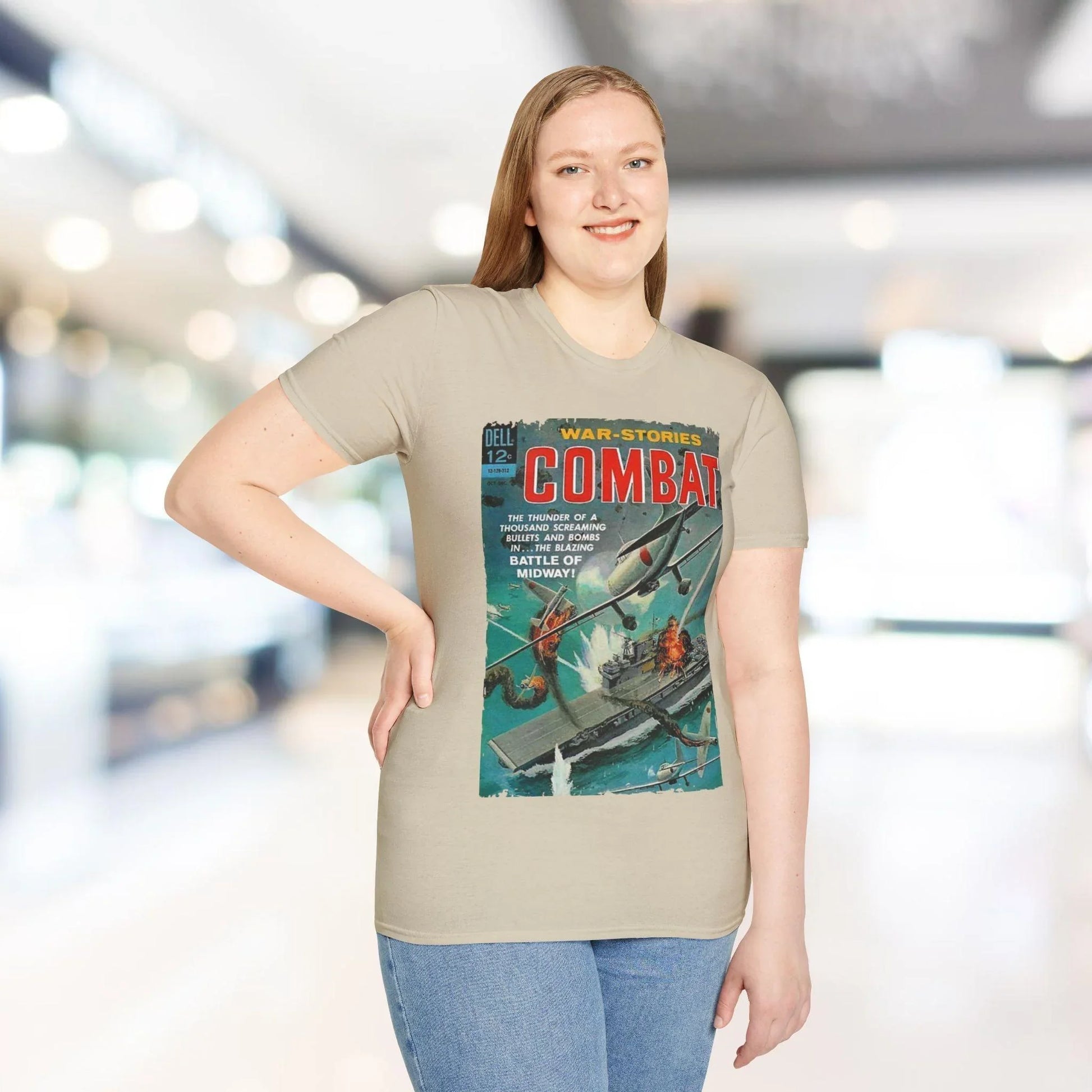 Close-up of the combat-themed graphic detail on the chest of the heather navy unisex T-shirt, highlighting soft cotton