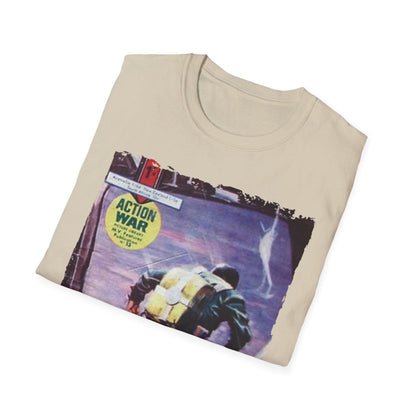 Close-up of the T-shirt’s front neckline and subtle fabric texture in soft navy color, highlighting relaxed fit details.