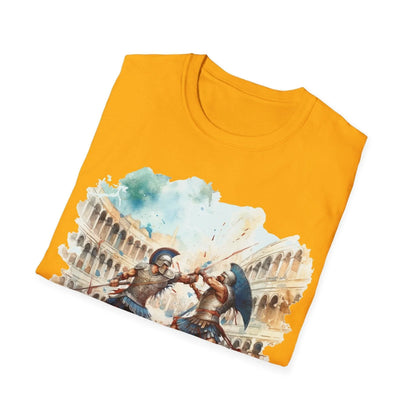 Close-up of the unisex softstyle T-shirt’s navy fabric showing subtle texture and reinforced double-stitched neckline detail