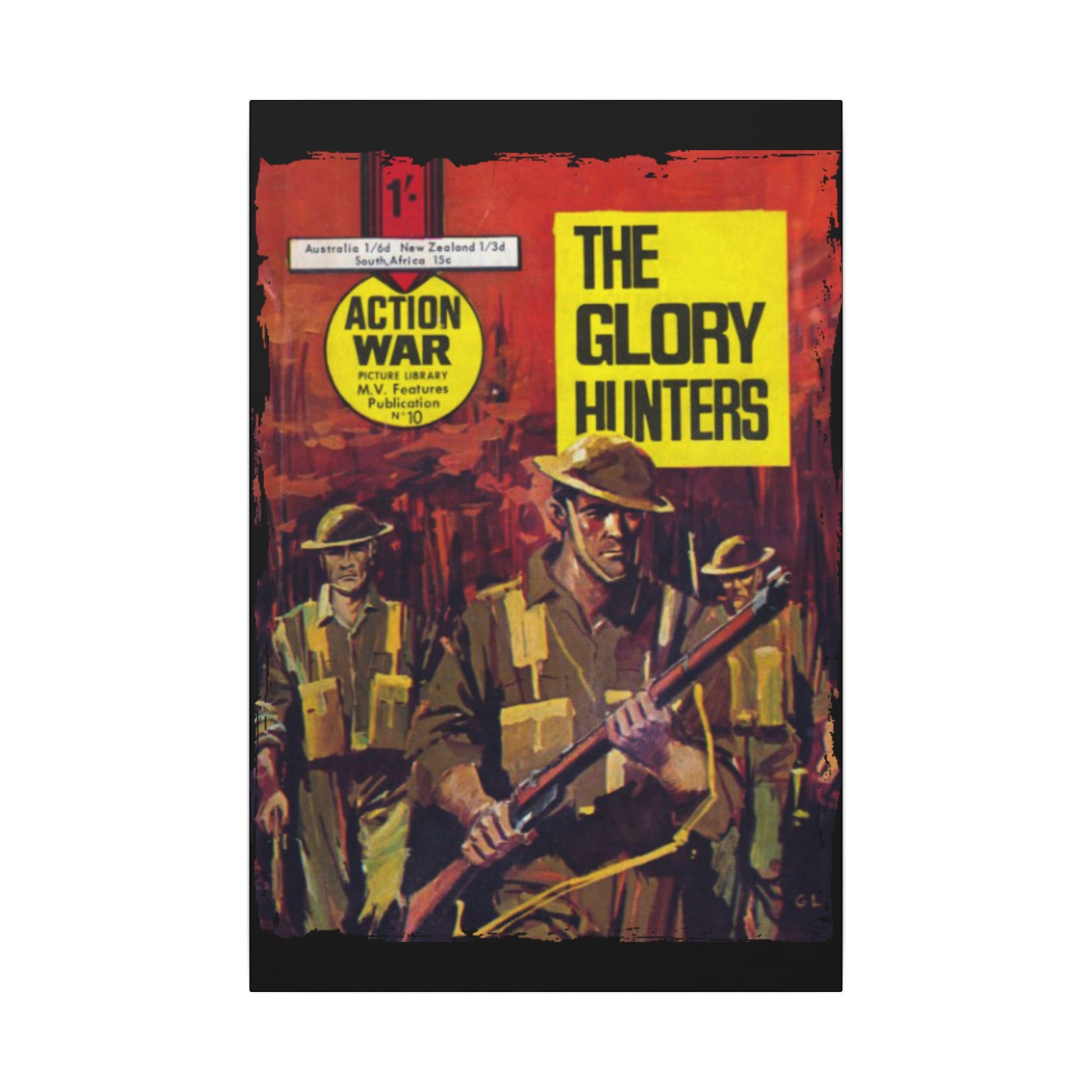 Close-up of the canvas material showcasing textured surface and detailed brushstroke finish of Action War #10 comic book