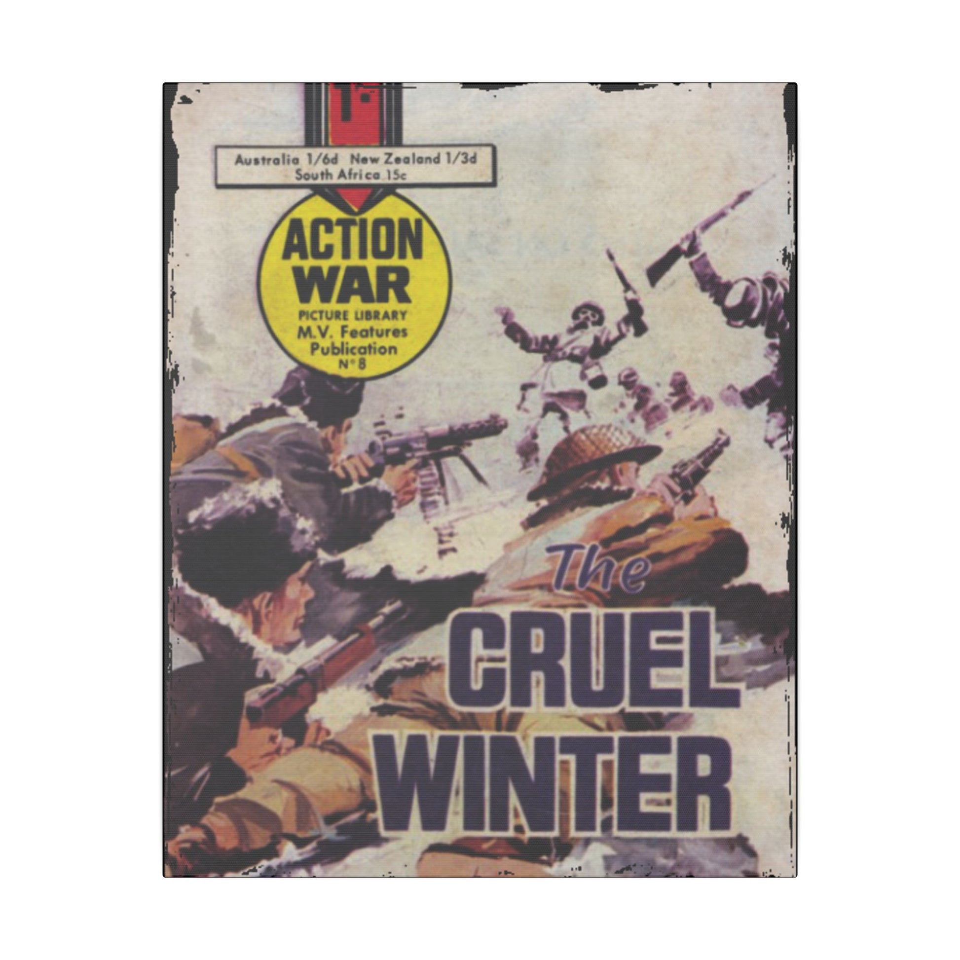 Close-up of the canvas surface highlighting textured brushstrokes and vibrant color details from the Action War #8 print.