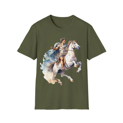 Close-up of the unisex softstyle T-shirt fabric showing the heathered black color and relaxed fit neckline from a front