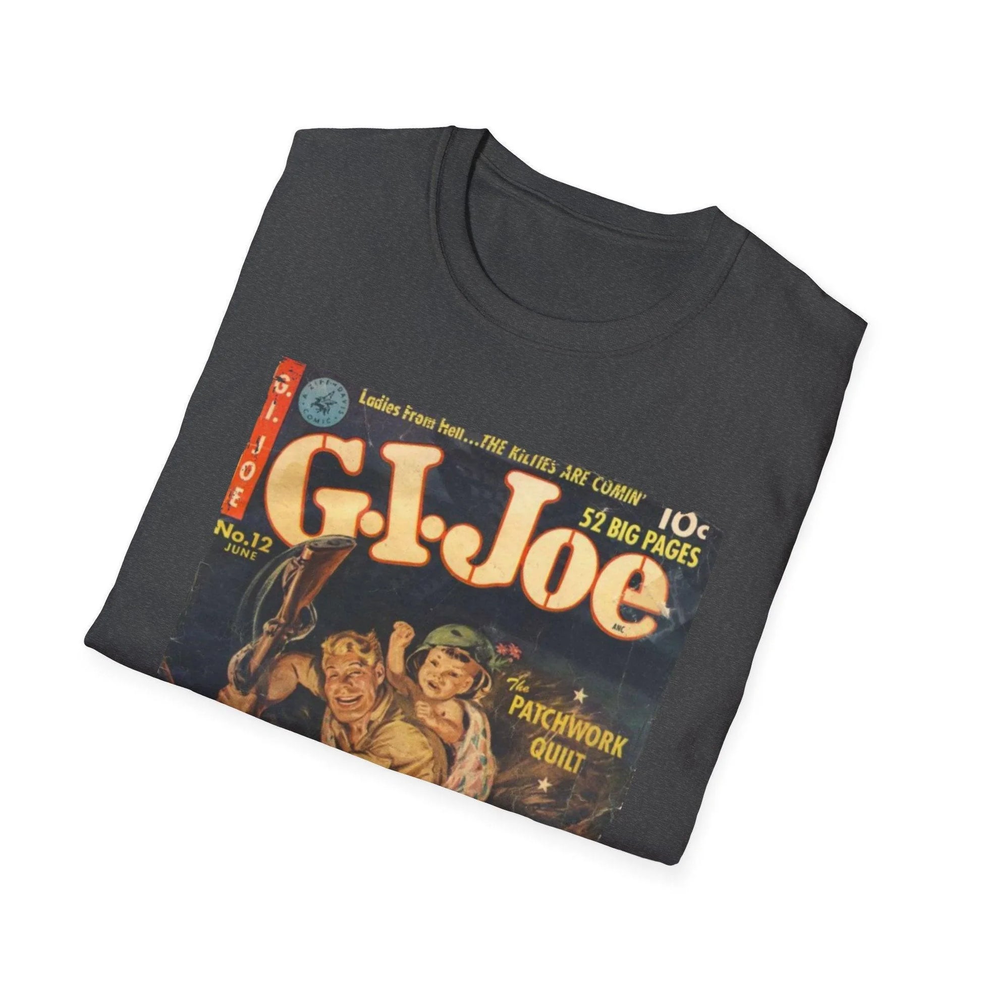 Close-up of the G.I. Joe No.12 Jun softstyle T-shirt's lightweight cotton fabric and relaxed fit neckline from a slightly