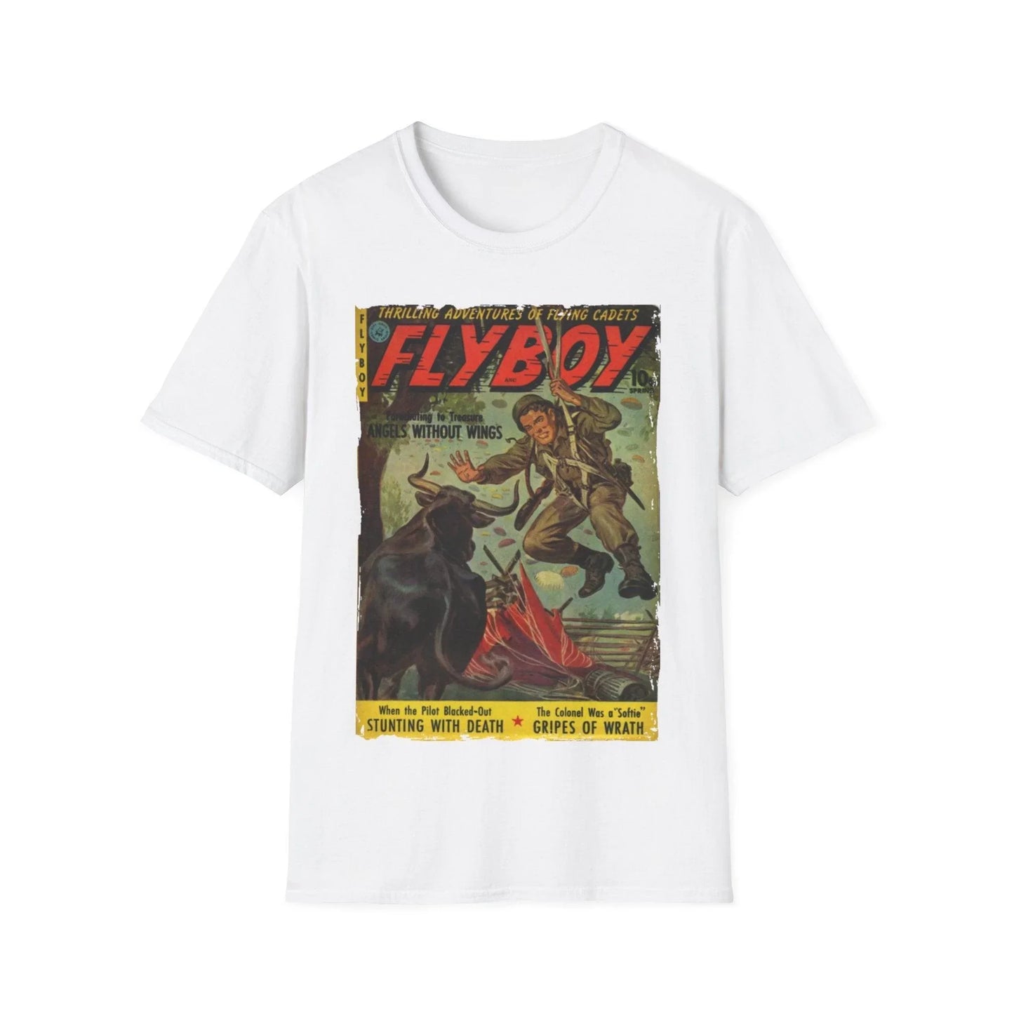 Close-up of the Flyboy No.1 unisex softstyle T-shirt's navy fabric displaying smooth knit texture and reinforced crew