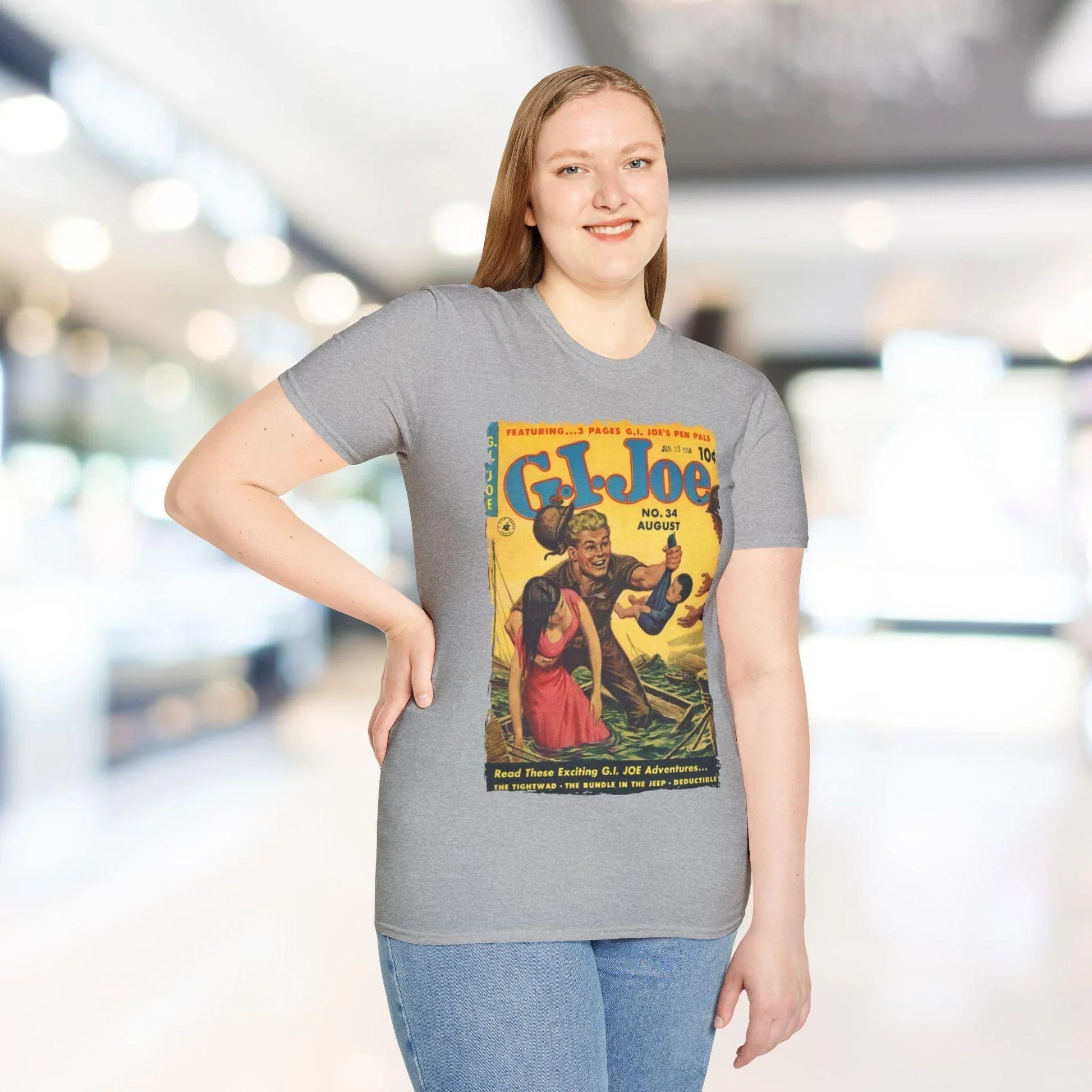 Close-up of the G.I. Joe No.34 softstyle T-shirt neckline displaying smooth fabric texture and reinforced shoulder seams.