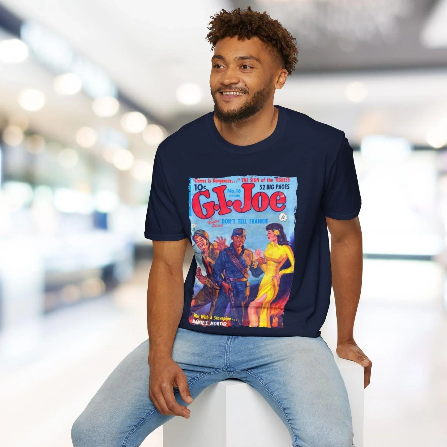 Close-up of the G.I. Joe No.16 softstyle T-shirt neckline and stitching detail in vibrant red color