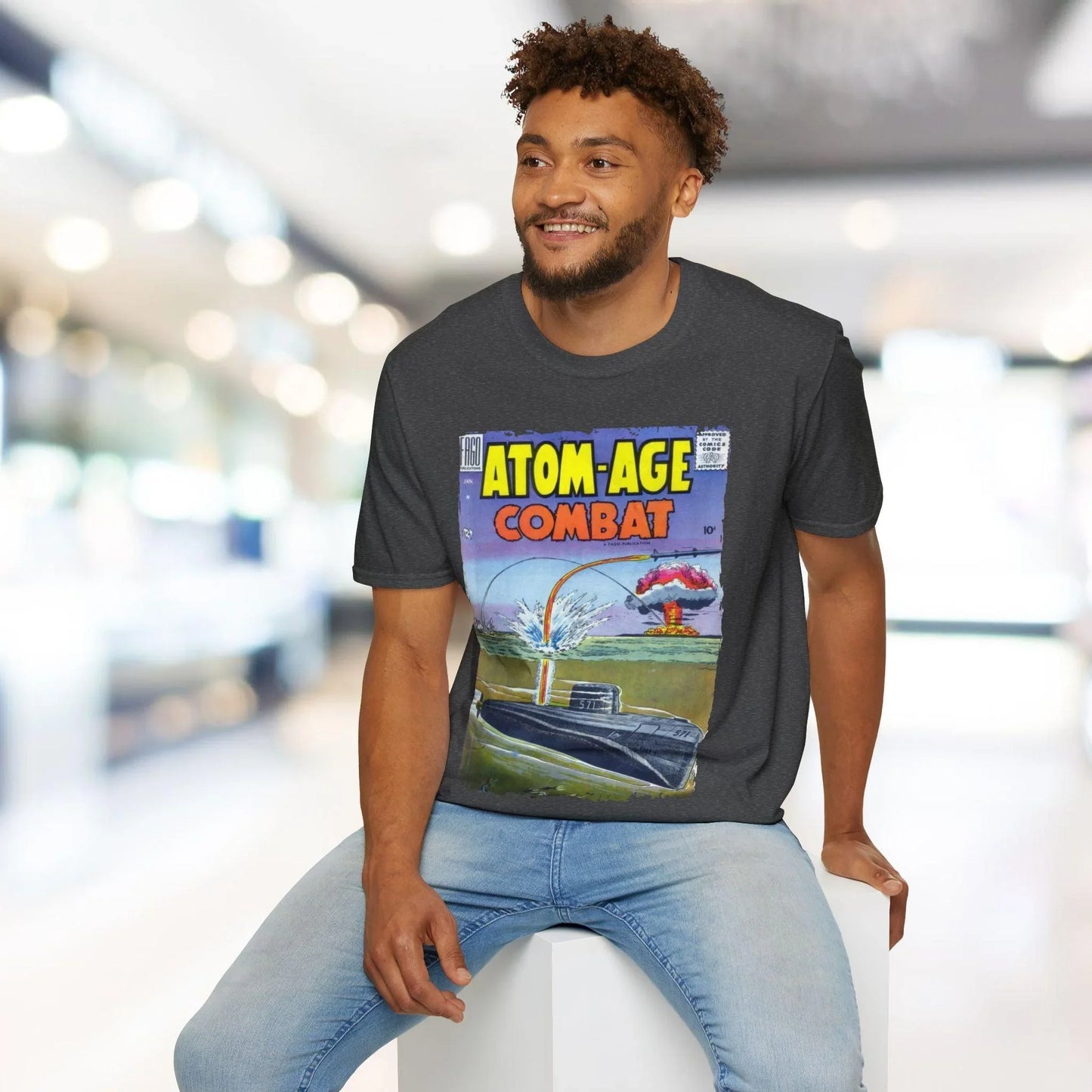 Close-up of the unisex soft blue Heather fabric showing subtle texture and fine knit details on the front neckline area.