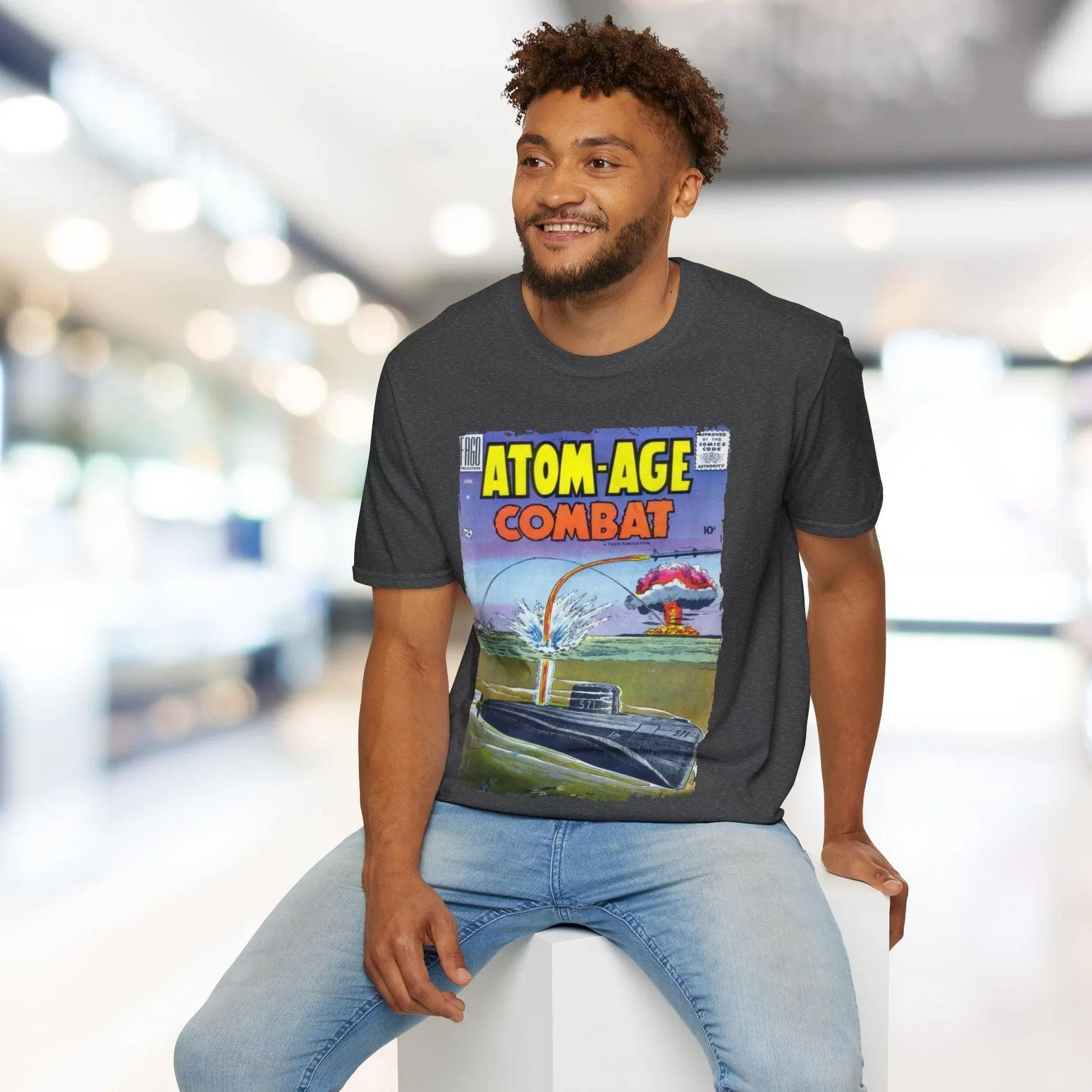 Close-up of the unisex soft blue Heather fabric showing subtle texture and fine knit details on the front neckline area.