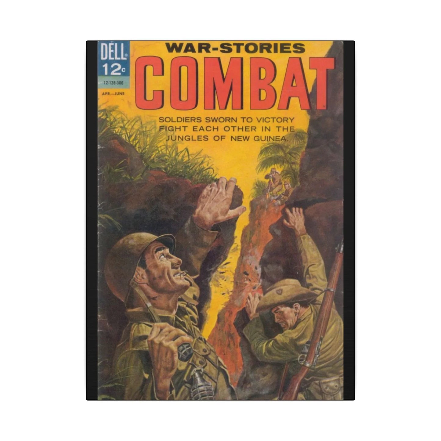 Close-up of the canvas texture highlighting the detailed brushstrokes and matte finish on the Combat, June 1963 artwork.