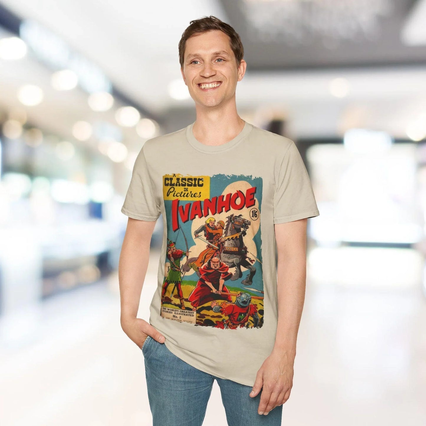 Close-up of the Ivanhoe 1949 unisex softstyle T-shirt’s lightweight cotton fabric and smooth texture from a bottom hem