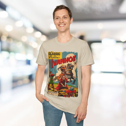 Close-up of the Ivanhoe 1949 unisex softstyle T-shirt’s lightweight cotton fabric and smooth texture from a bottom hem