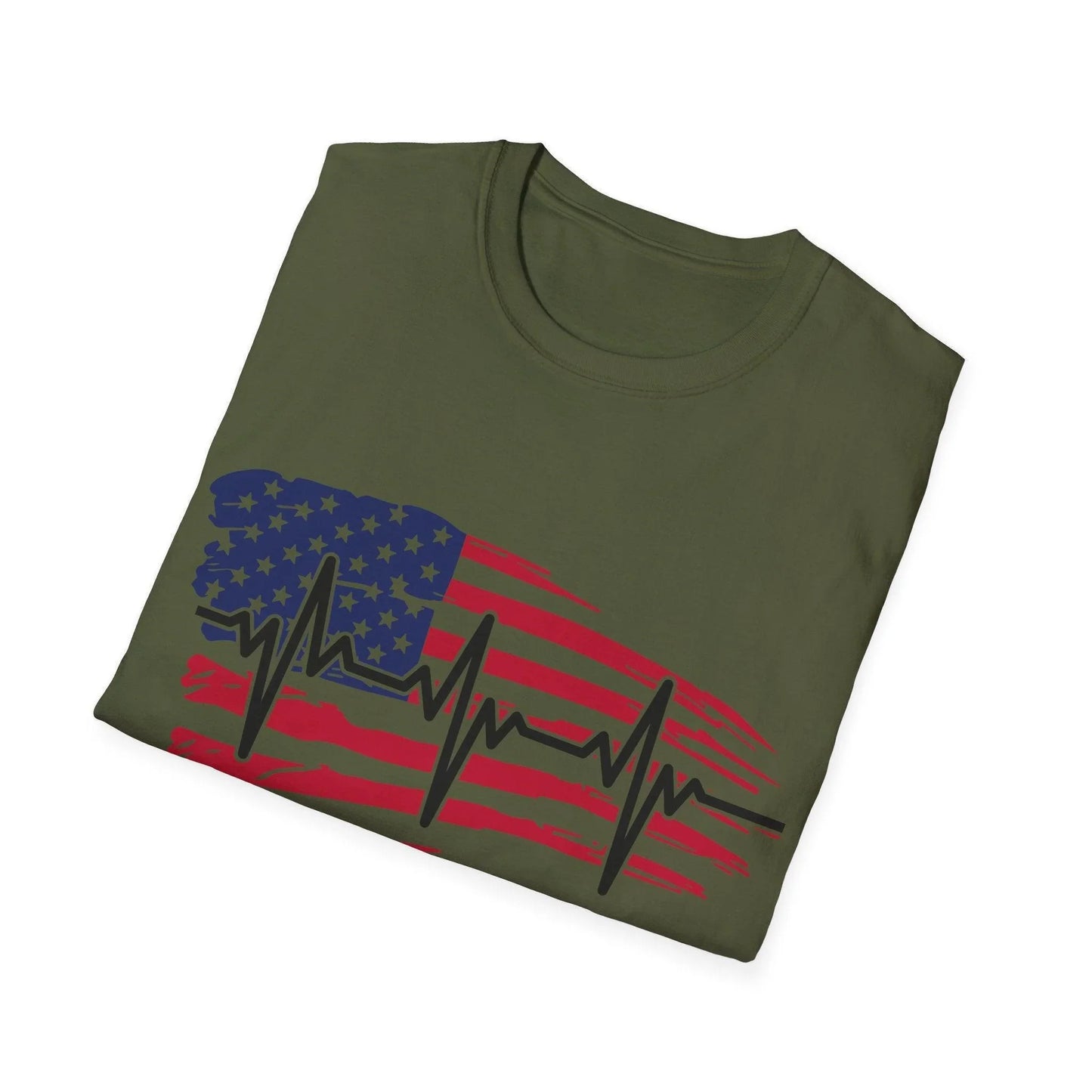 Close-up of distressed flag heartbeat graphic on navy unisex softstyle T-shirt's chest area detail