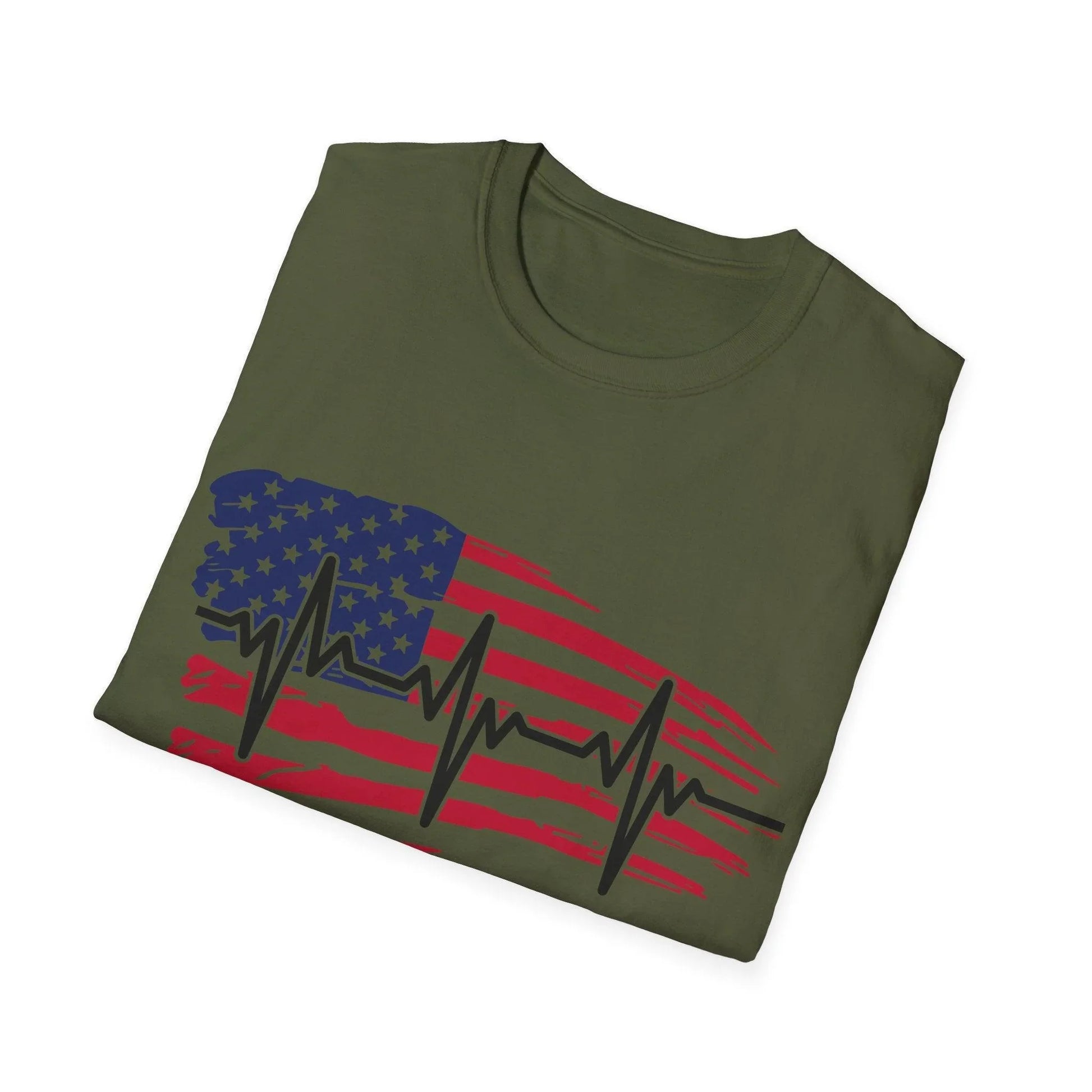 Close-up of distressed flag heartbeat graphic on navy unisex softstyle T-shirt's chest area detail
