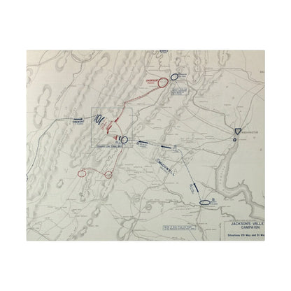Close-up of textured canvas surface highlighting the detailed printing of Jackson's Valley Campaign map from May 1862.