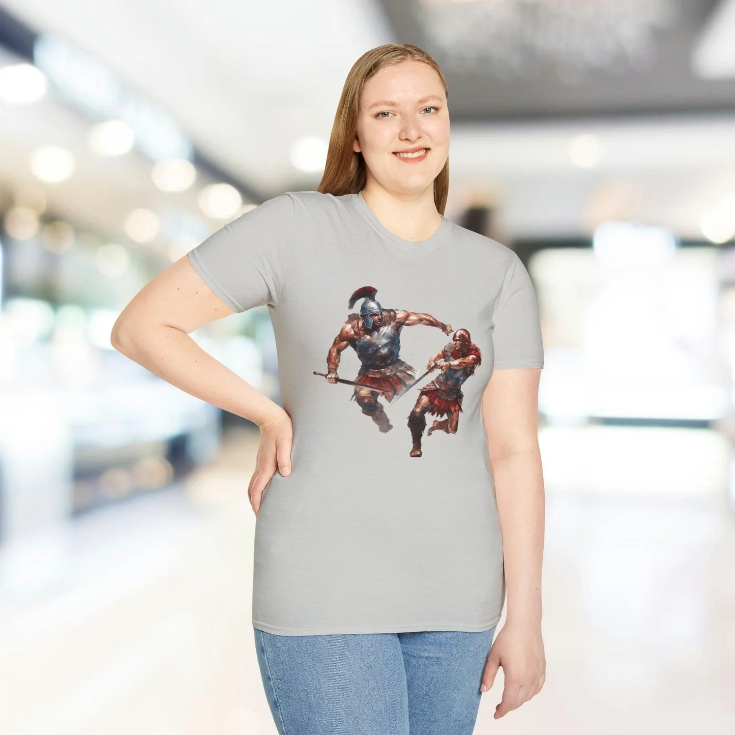 Close-up of the soft cotton fabric and subtle heather gray pattern highlighting the relaxed fit and crew neckline detail.