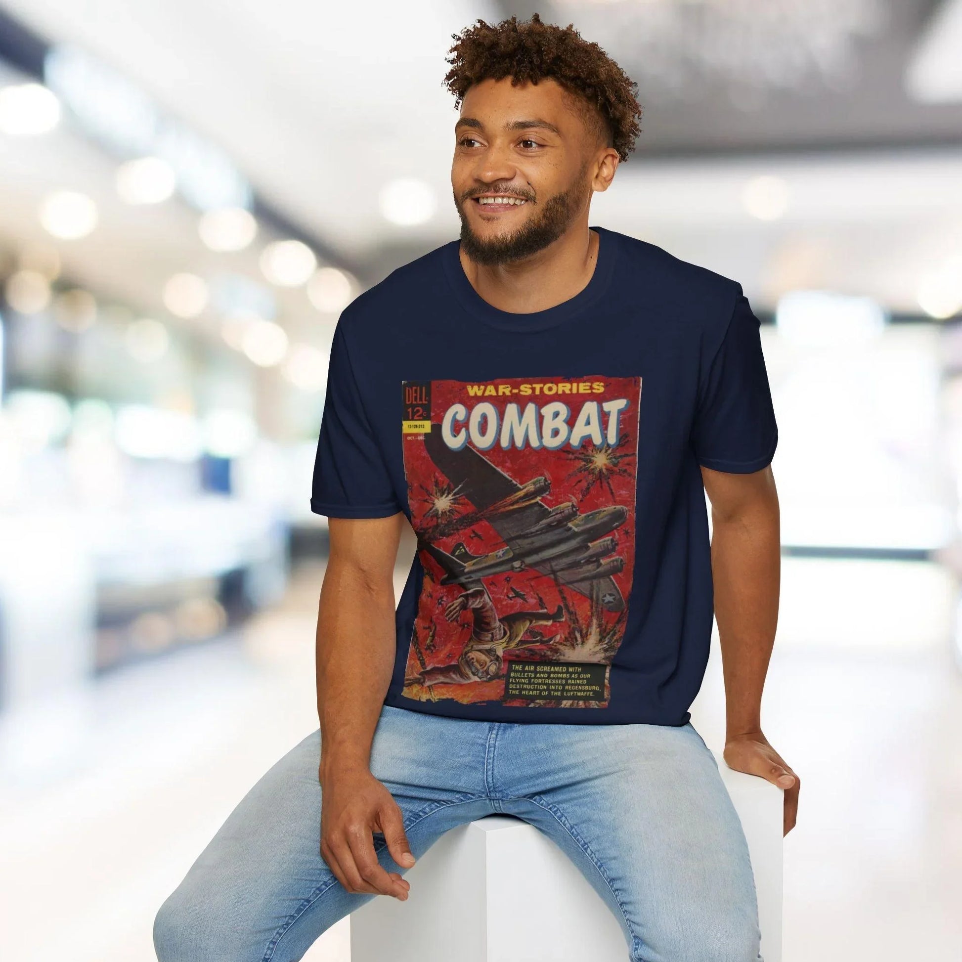 Close-up of the Combat Dec 1962 T-shirt's collar showing reinforced stitching and soft cotton fabric detail from a slight