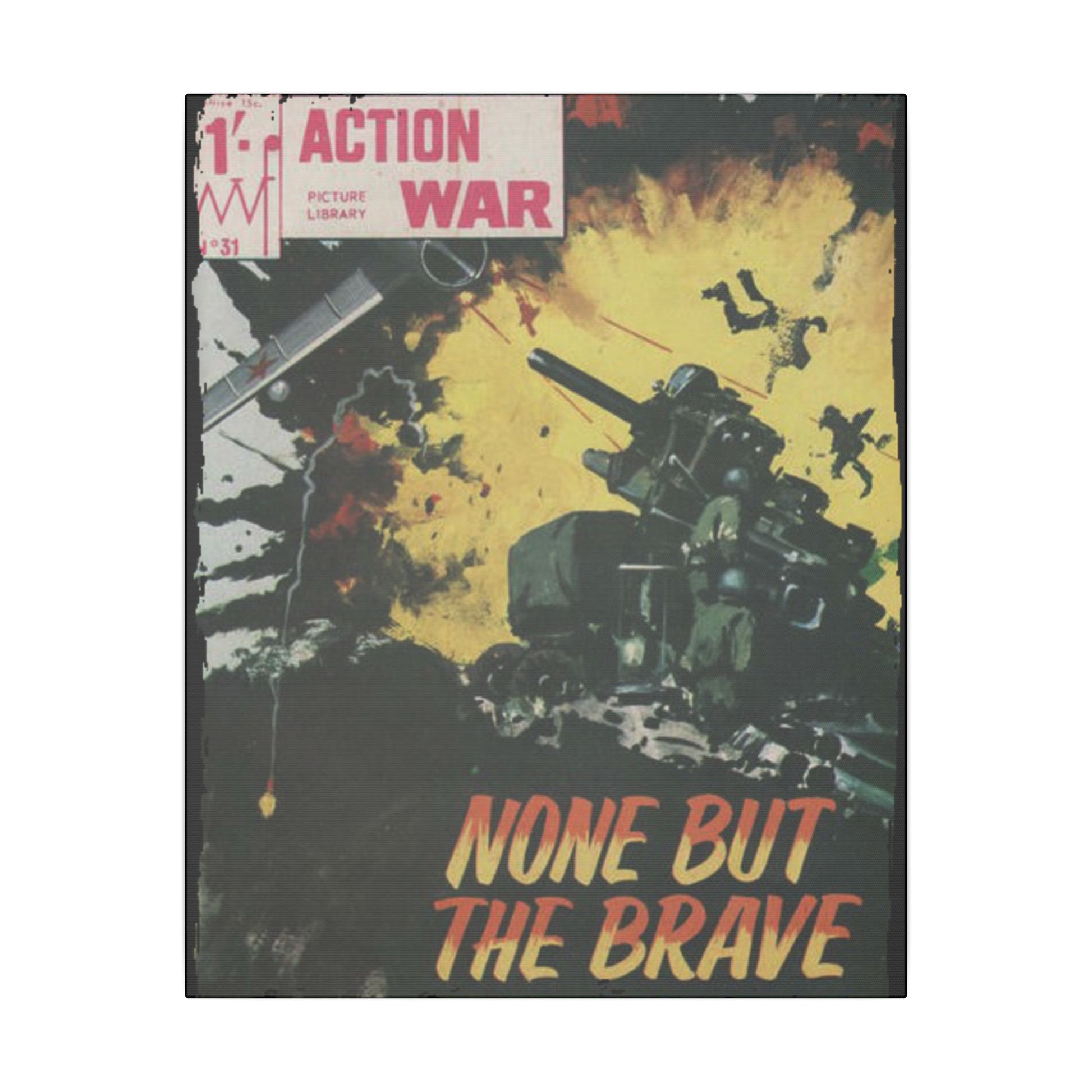 Close-up of the canvas texture highlighting vibrant colors and detailed print of Action War #31 comic cover art