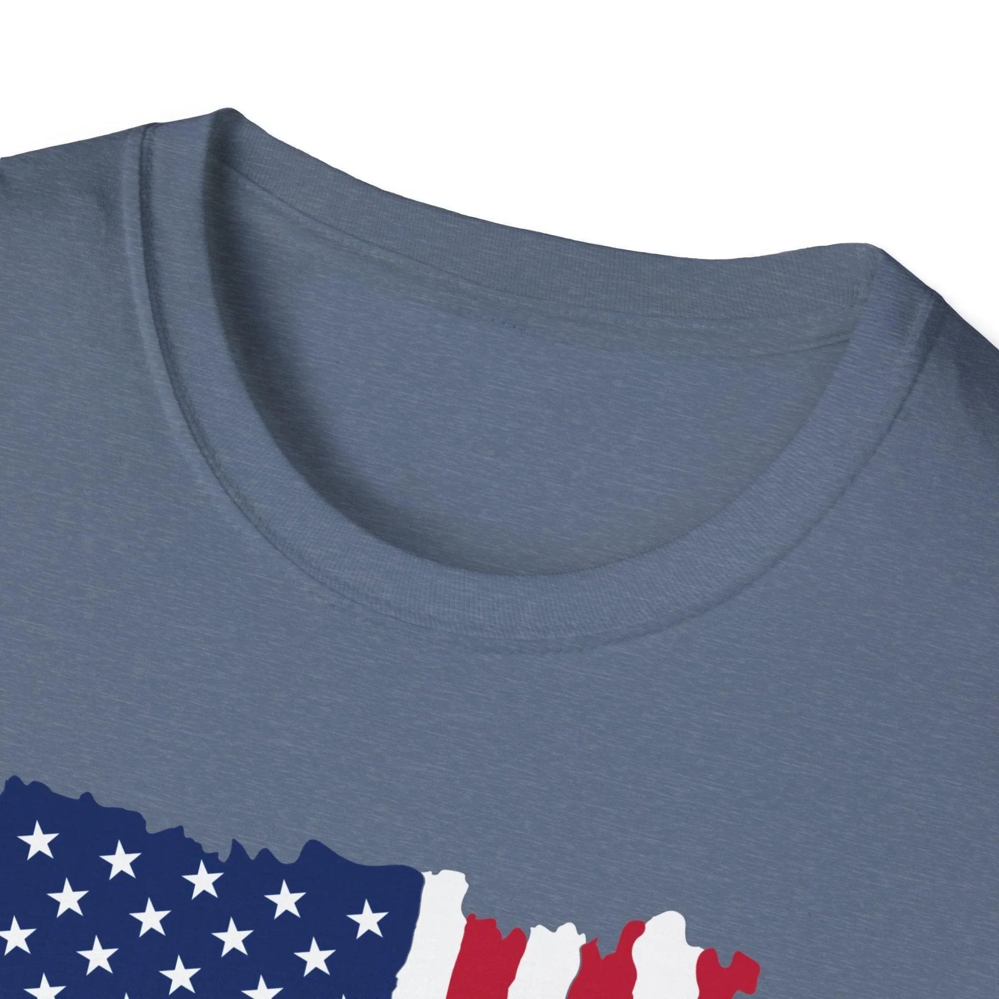 Close-up of distressed vertical American flag print on soft cotton fabric showing faded colors and textured stitching