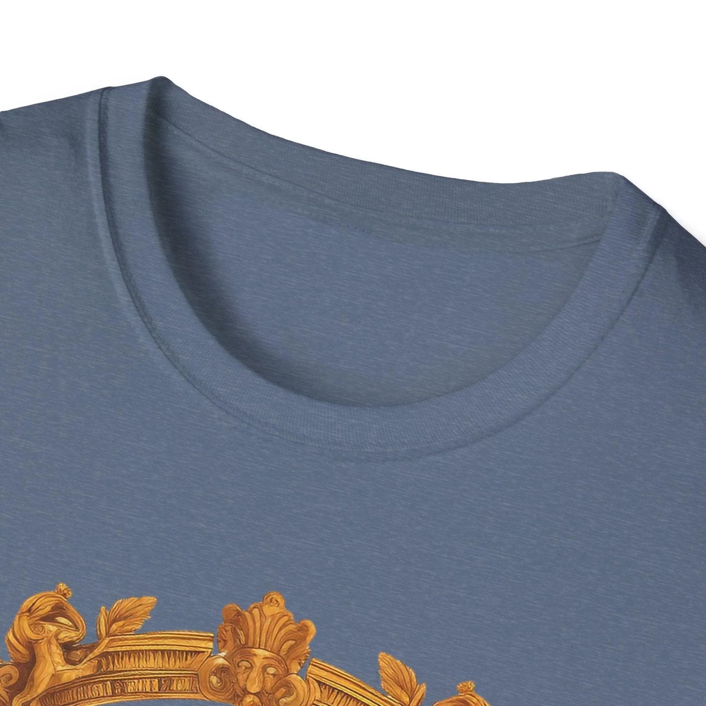 Close-up of the Ancient Emperor soft, relaxed fit charcoal gray cotton T-shirt neckline and subtle stitching details.