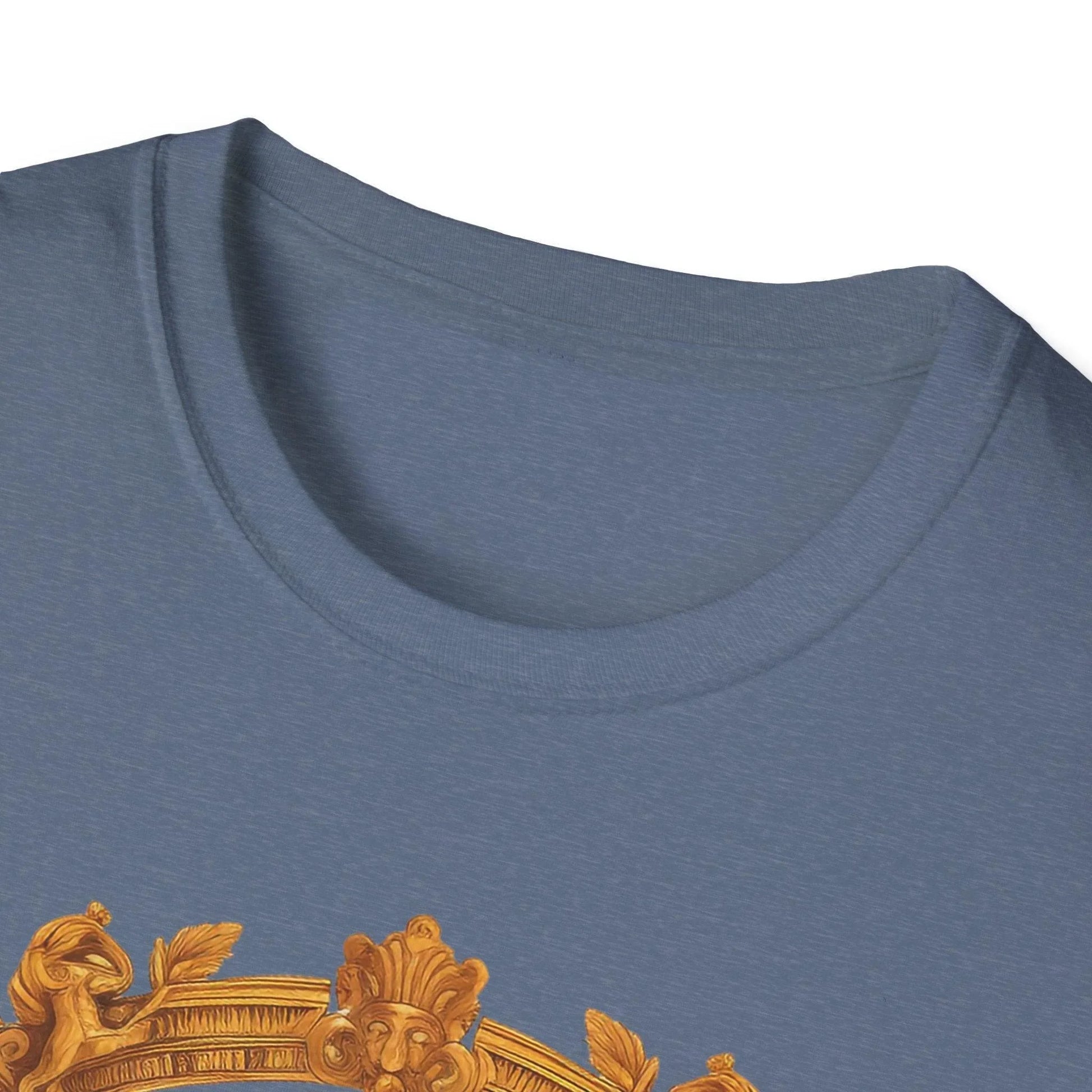 Close-up of the Ancient Emperor soft, relaxed fit charcoal gray cotton T-shirt neckline and subtle stitching details.