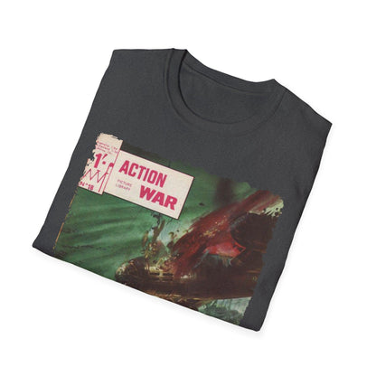 Close-up of the unisex T-shirt's ribbed crew neckline and smooth fabric texture in deep navy color with subtle stitching