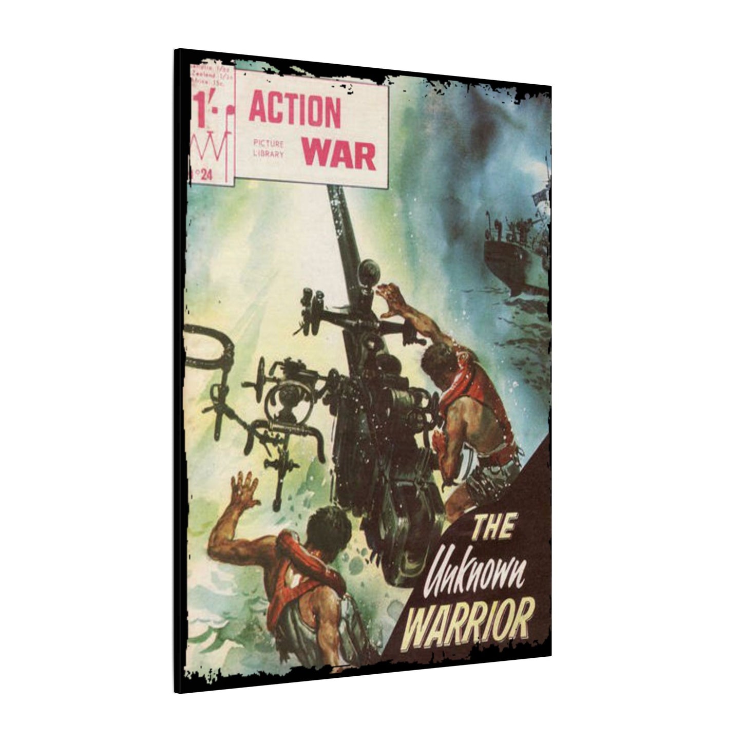 Close-up of the "Action War #24" comic book cover featuring bold red and black artwork with detailed textured printing on
