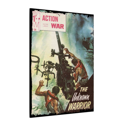 Close-up of the "Action War #24" comic book cover featuring bold red and black artwork with detailed textured printing on