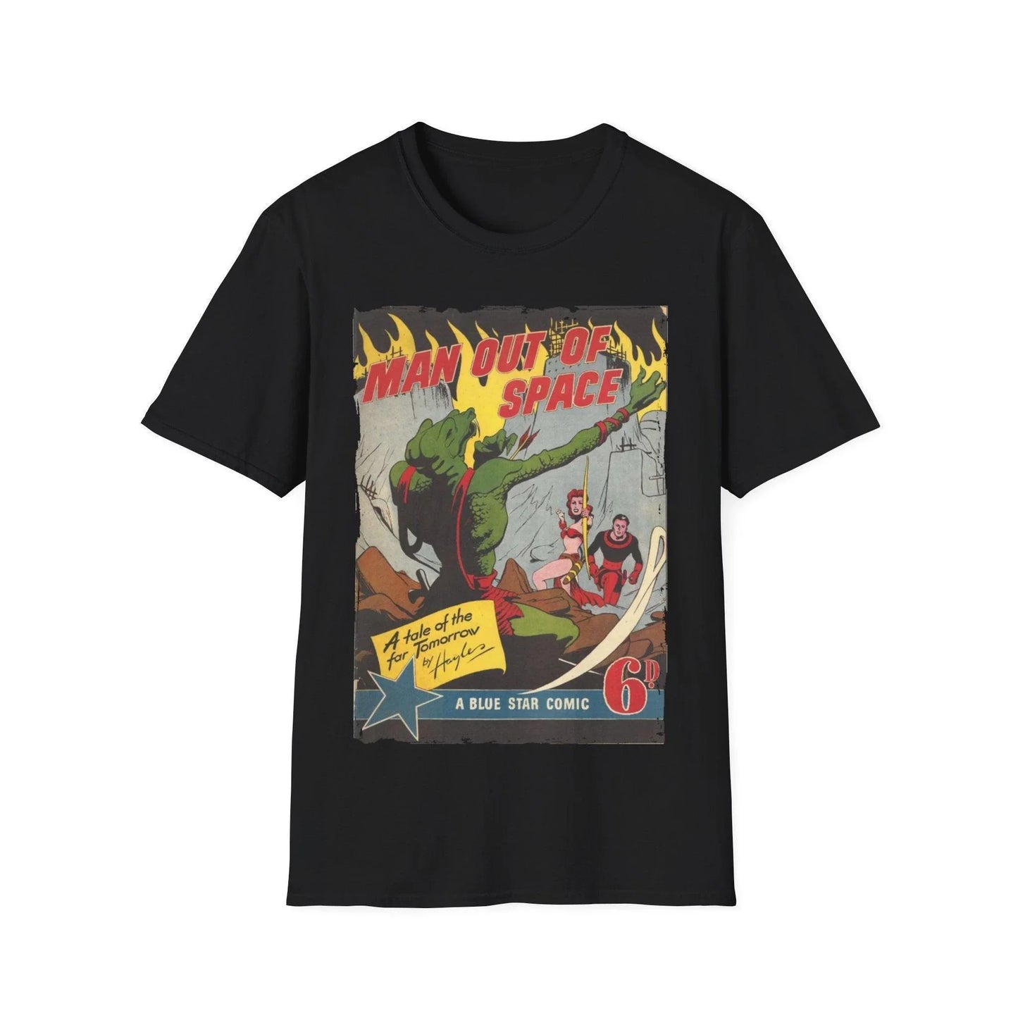 Printify unisex softstyle T-shirt featuring space-themed graphic, crew neck, cotton fabric, regular fit, in black color