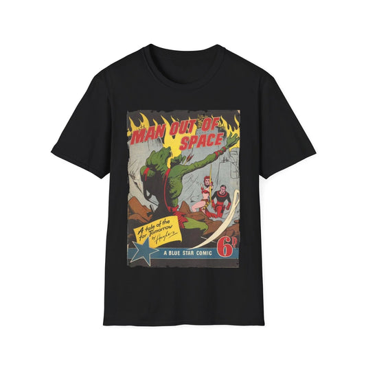 Printify unisex softstyle T-shirt featuring space-themed graphic, crew neck, cotton fabric, regular fit, in black color