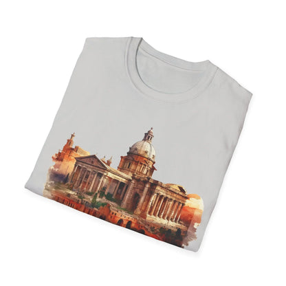 Close-up of the unisex fit tag sewn into the hem of the relaxed fit, soft cotton fabric in deep charcoal color.