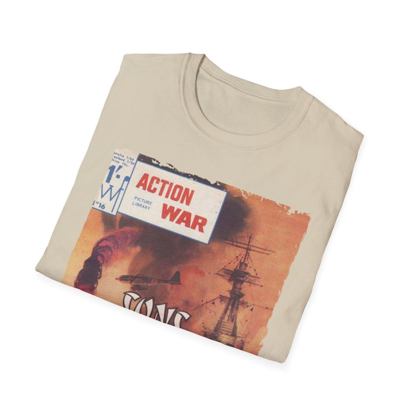 Close-up of the unisex softstyle T-shirt’s ribbed crew neckline in heather navy, highlighting smooth stitching and fabric