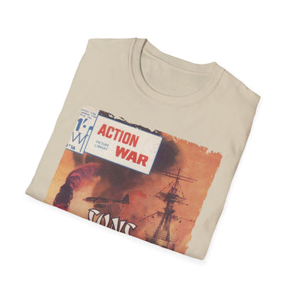 Close-up of the unisex softstyle T-shirt’s ribbed crew neckline in heather navy, highlighting smooth stitching and fabric