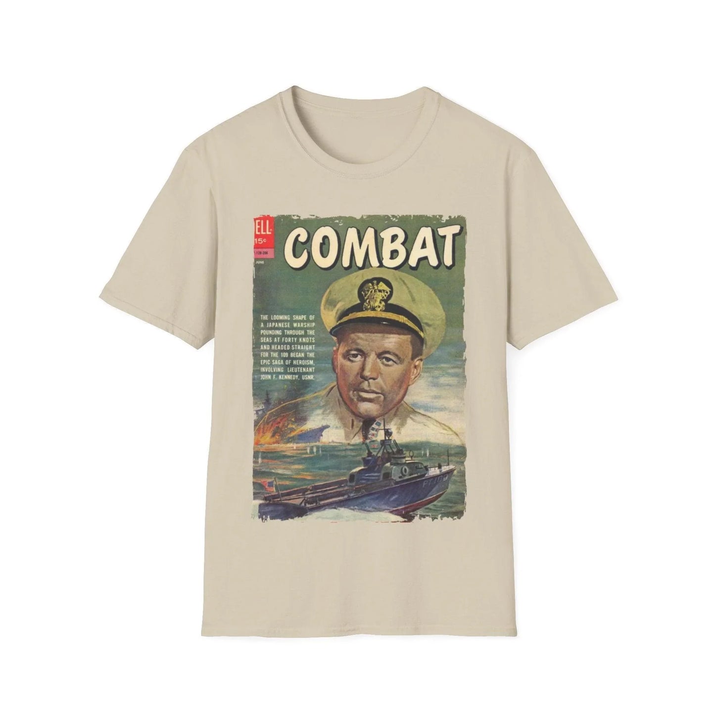 Close-up of the Combat June 1962 T-shirt’s relaxed fit neckline with visible stitching and soft cotton fabric texture from a