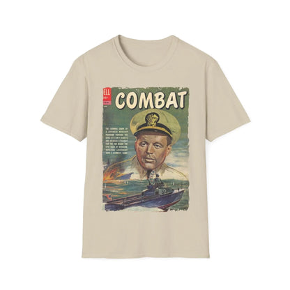 Close-up of the Combat June 1962 T-shirt’s relaxed fit neckline with visible stitching and soft cotton fabric texture from a