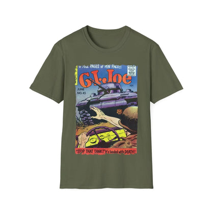 Close-up of the G.I. Joe No.45 T-shirt label showing fabric composition and relaxed fit details, with navy blue color and