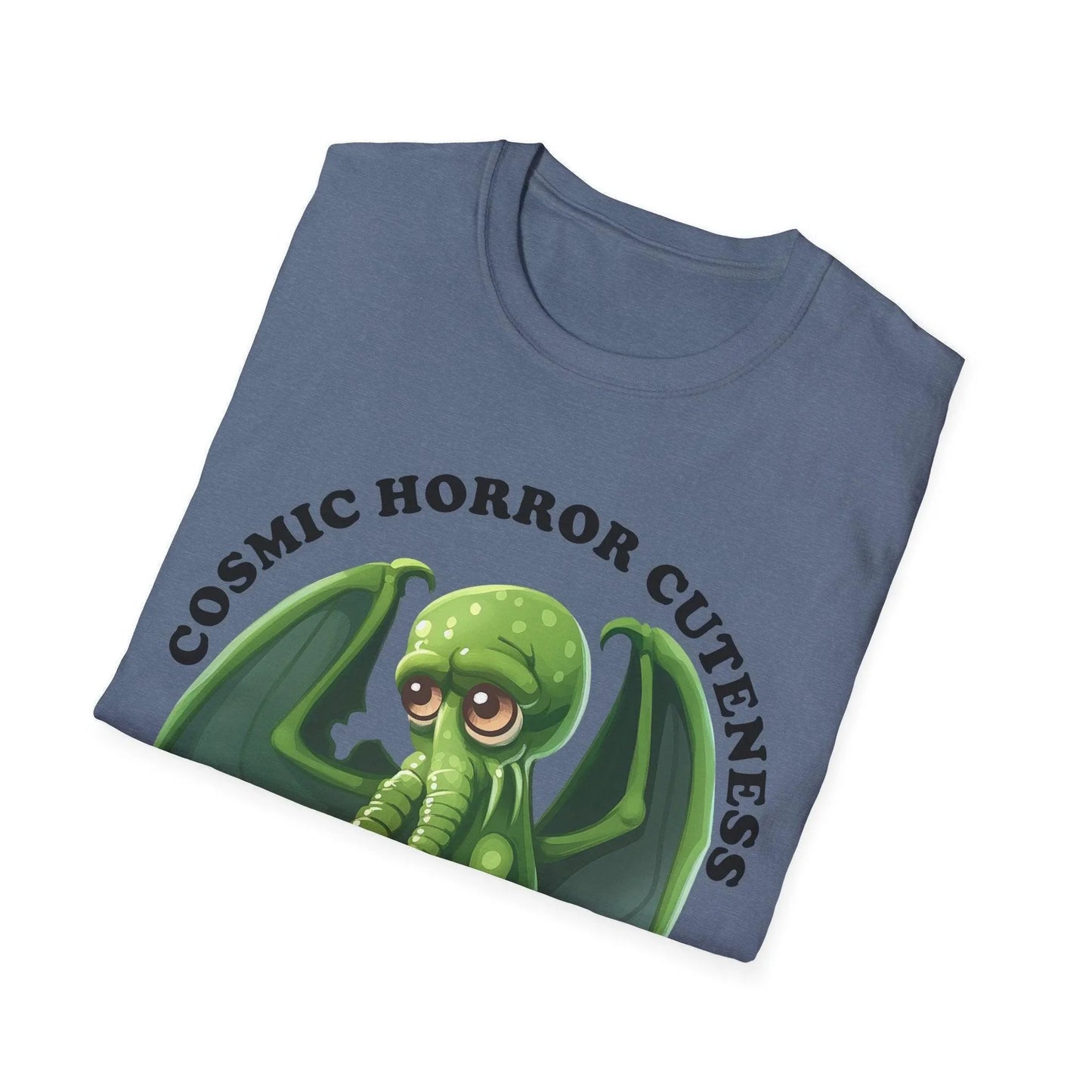 Close-up of cosmic horror-themed graphic detail on forest green unisex T-shirt’s front neckline area, highlighting vibrant
