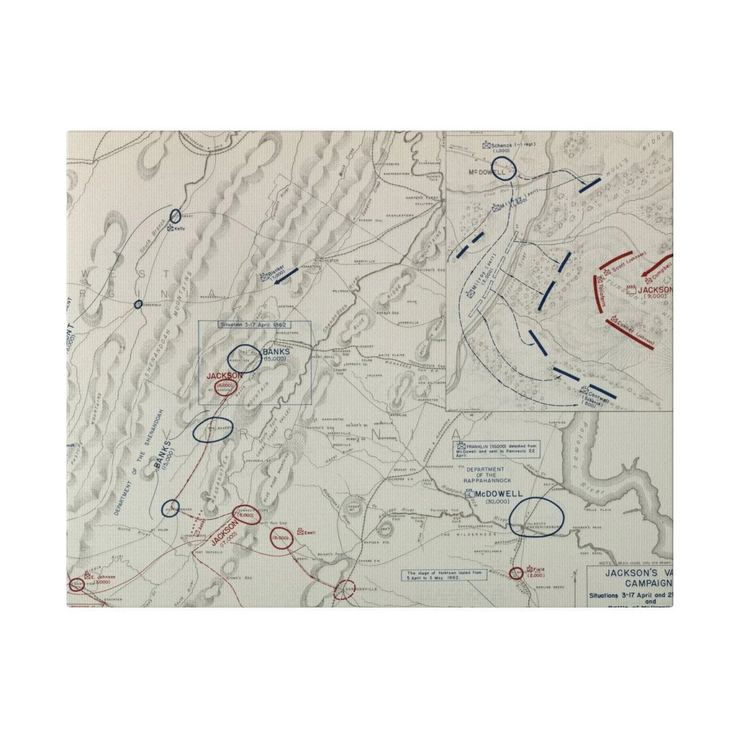 Close-up of textured canvas surface highlighting vintage wartime print details on the Battle of McDowell scene