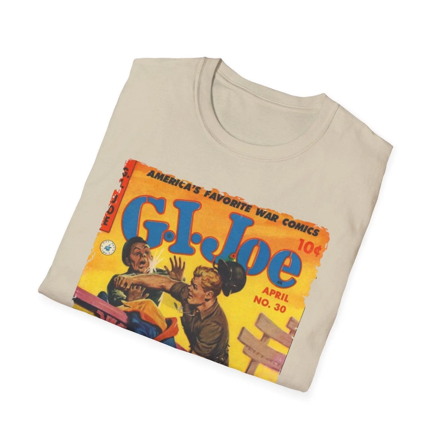 Close-up of the G.I. Joe No.30 softstyle T-shirt's relaxed fit neckline and subtle fabric texture in vibrant navy color