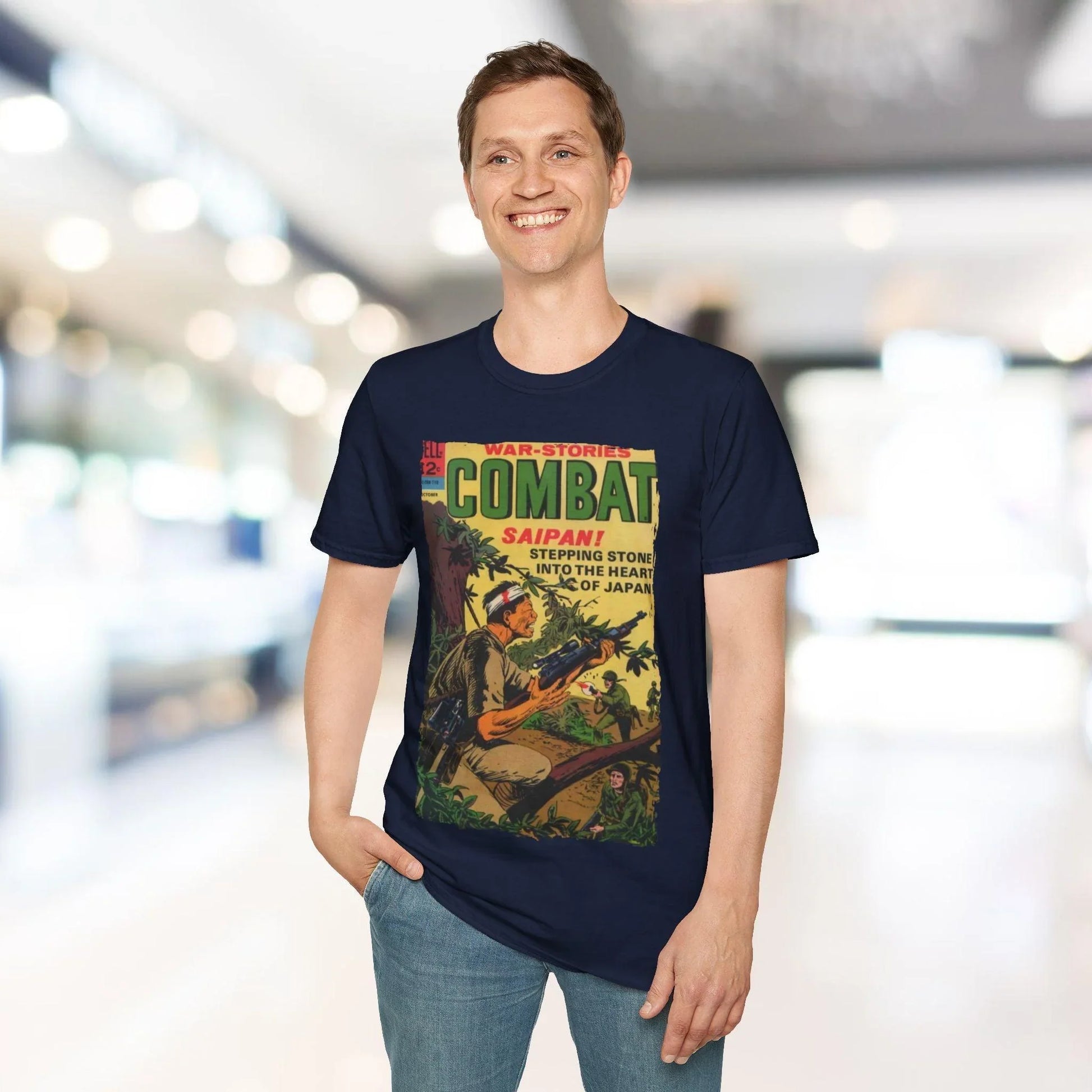 Close-up of the navy-colored soft cotton fabric highlighting the smooth texture and breathable crew neckline detail.