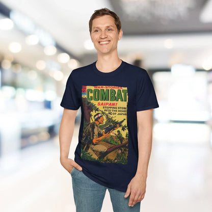 Close-up of the navy-colored soft cotton fabric highlighting the smooth texture and breathable crew neckline detail.