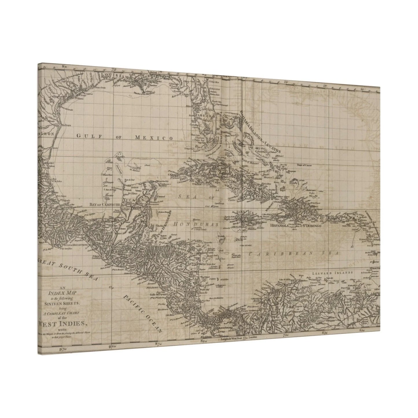 Close-up of the centuries-old map details highlighting the intricate West Indies coastline and decorative cartographic