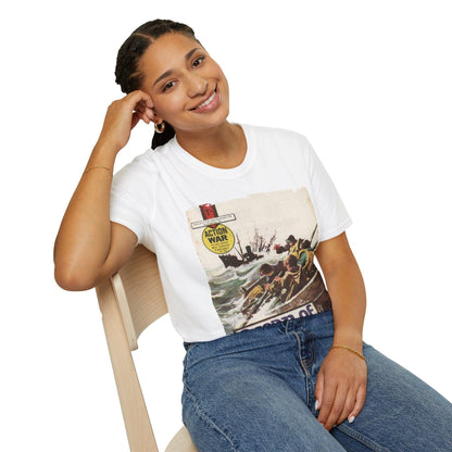 Close-up of the unisex softstyle T-shirt's fabric texture highlighting the smooth, relaxed fit and vibrant navy color from a