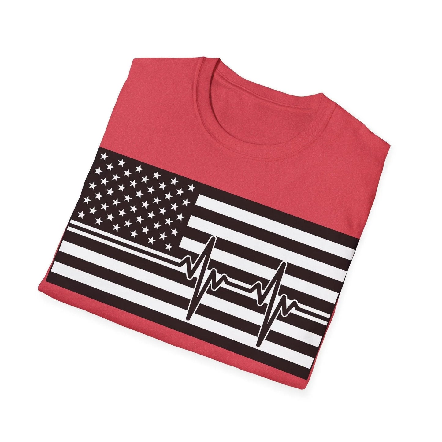 Close-up of the American Flag Heartbeat design on the black fabric, highlighting crisp white print and soft cotton texture