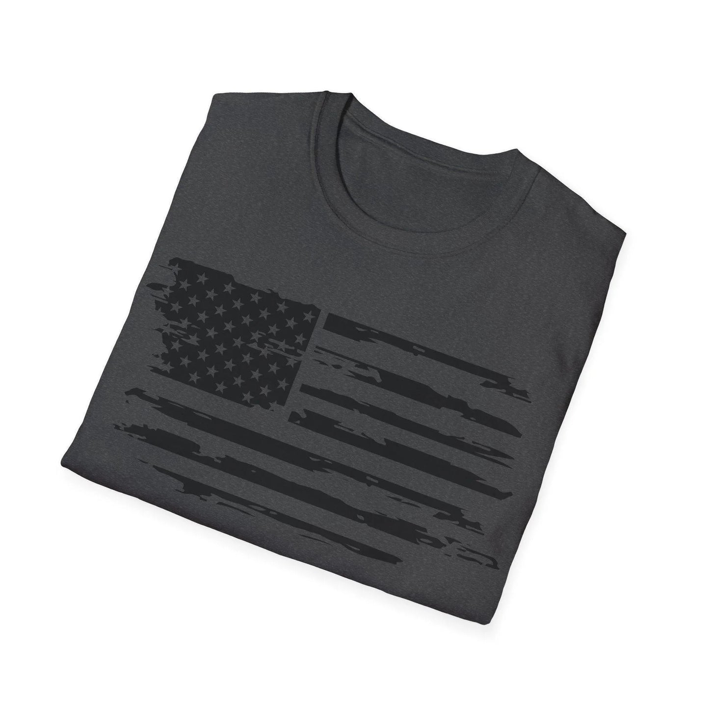 Close-up of distressed American flag black-and-white printed fabric highlighting faded texture and worn edges on the