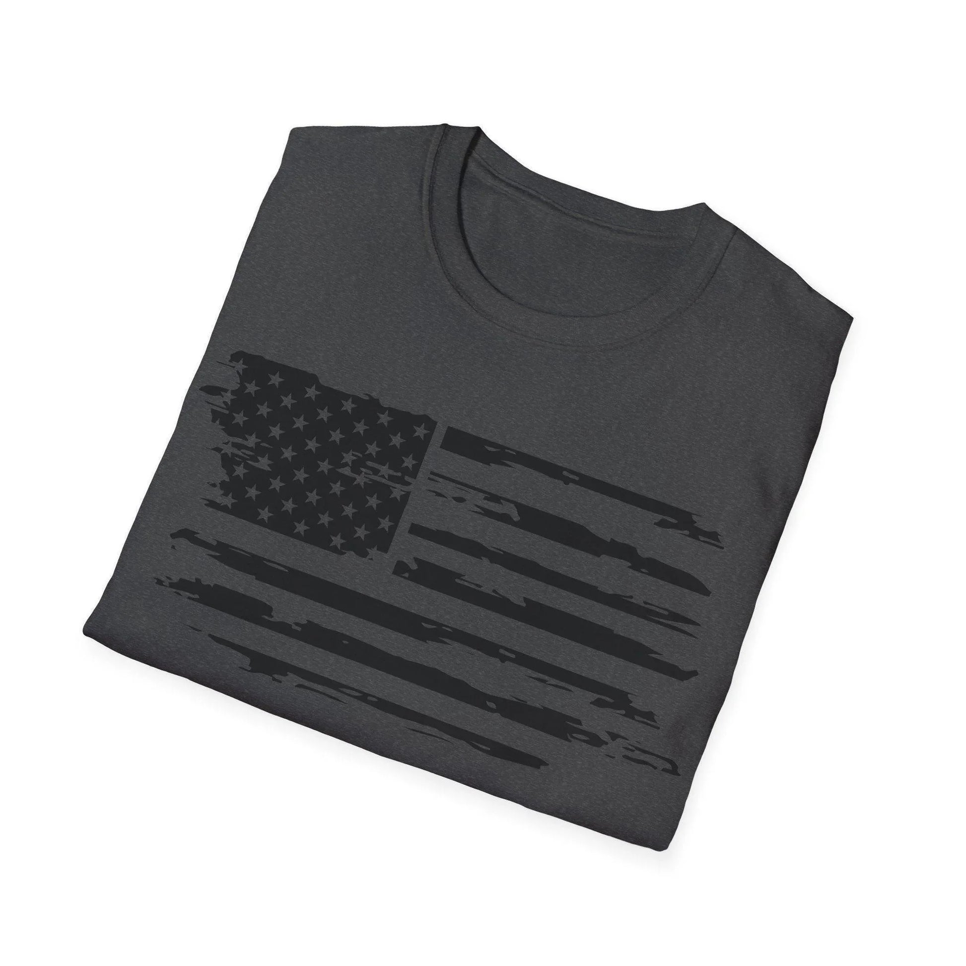 Close-up of distressed American flag black-and-white printed fabric highlighting faded texture and worn edges on the