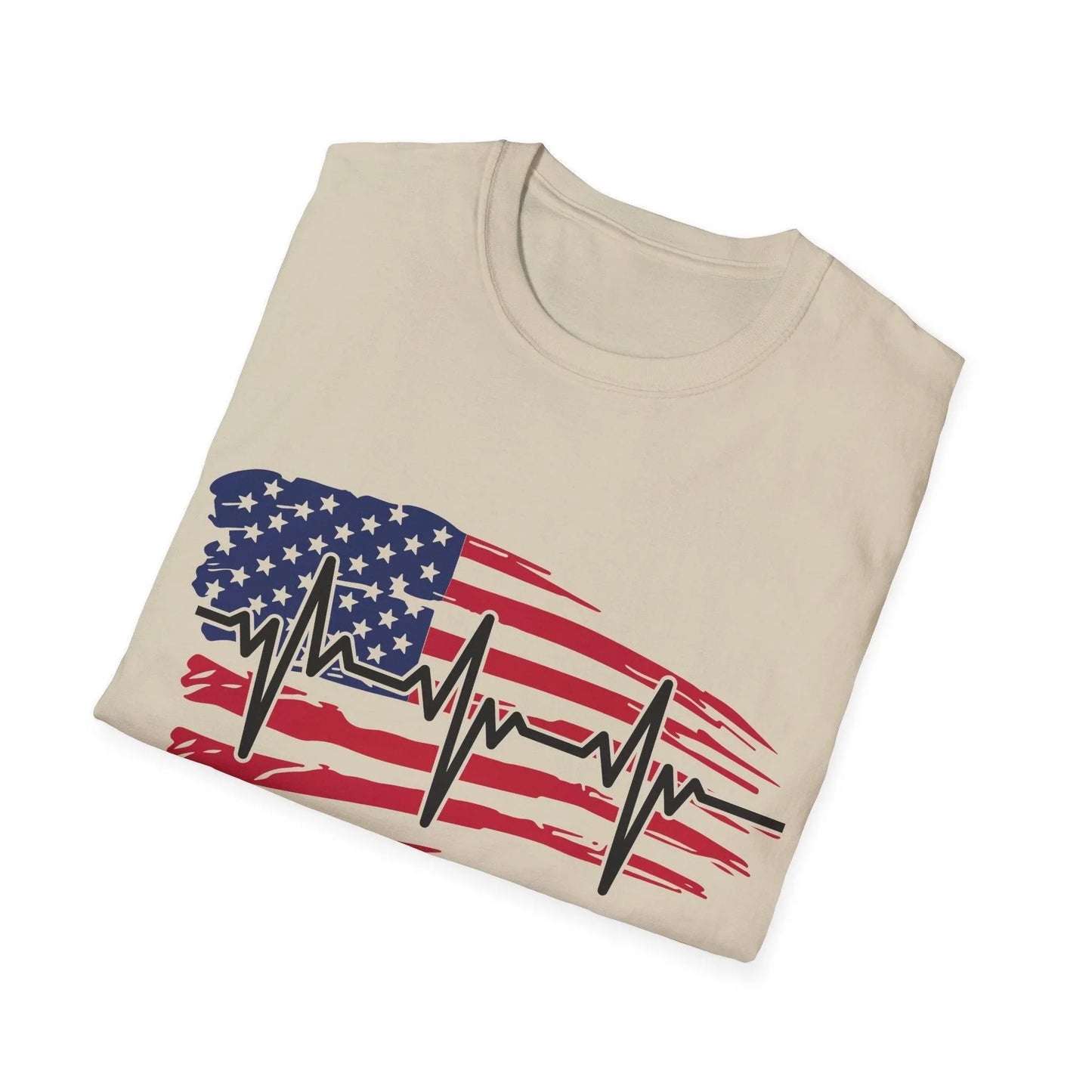Close-up of distressed flag heartbeat graphic on forest green slim fit cotton T-shirt neckline, highlighting soft fabric