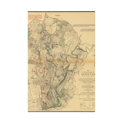 Close-up of the textured canvas detail highlighting the hand-stitched edges of the Antietam Battlefield print in muted tones.