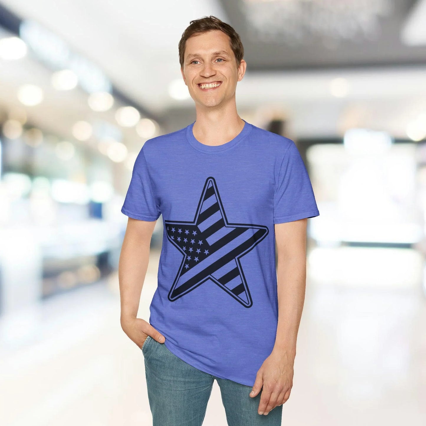 Close-up of the American Flag Star B&W graphic centered on the soft fabric neckline of the unisex T-shirt, showcasing